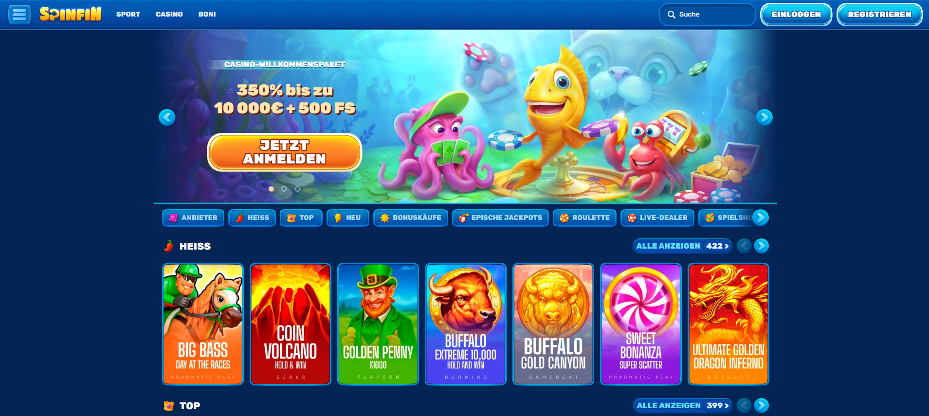 Casino website displayed on a blue background, showcasing its layout and design elements.