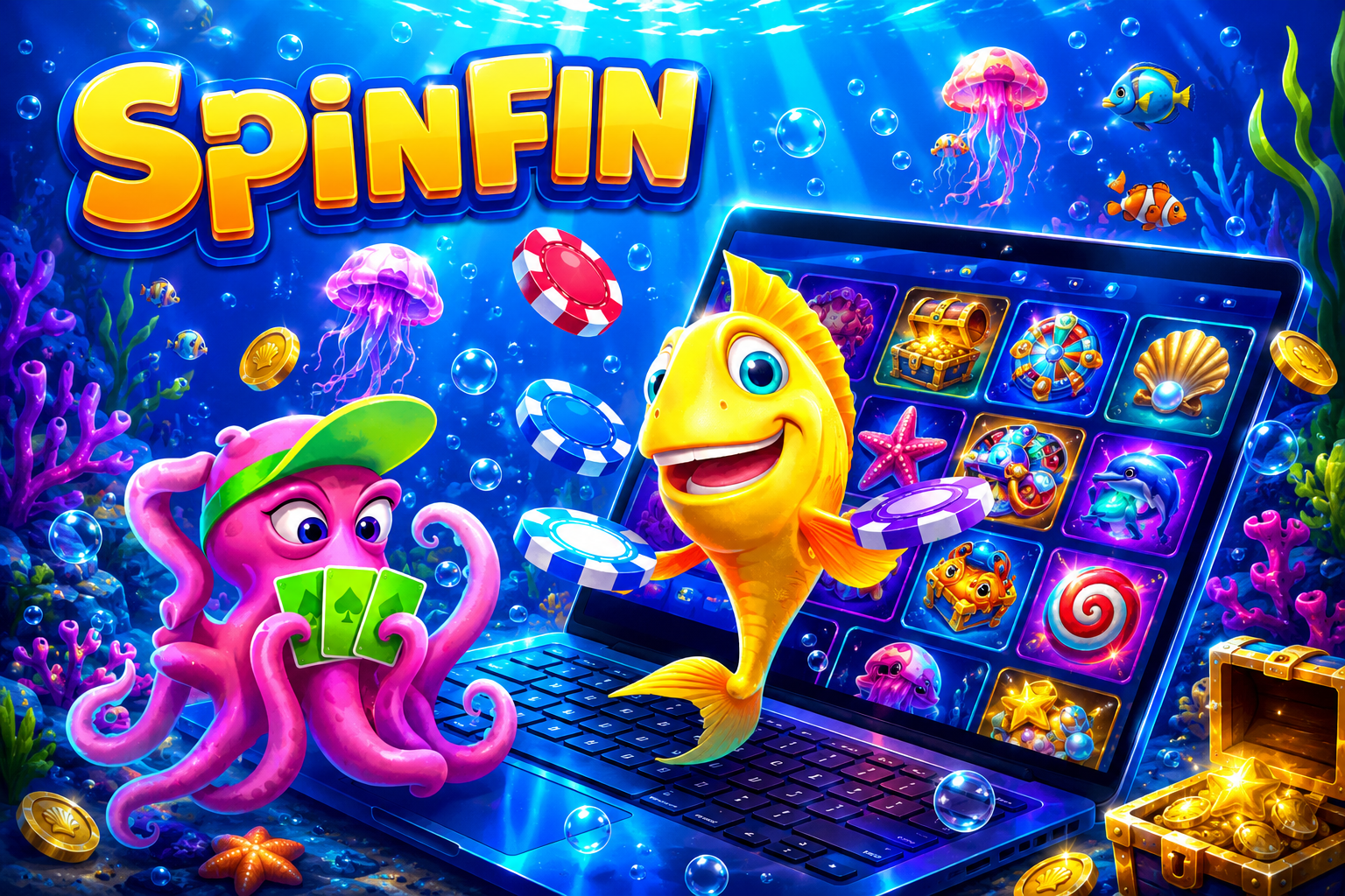 Colorful Spinfins casino slot machine featuring fish and various whimsical characters on its display.
